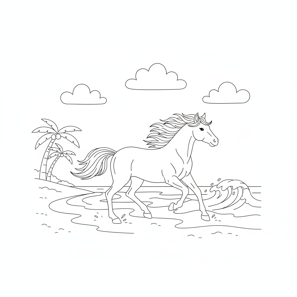 Coloriage Cheval Un Cheval Qui Galope Sur Une Plage Au Bord De La Mer 01