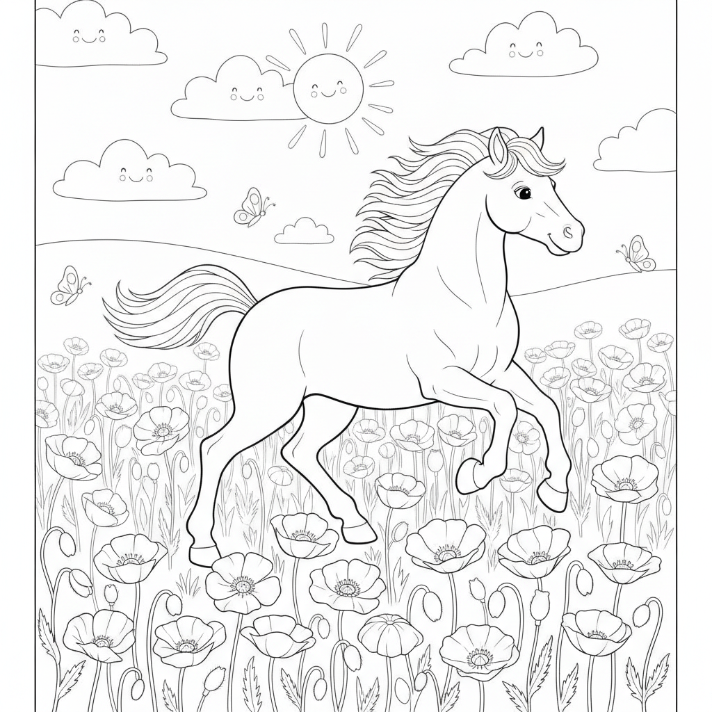 Coloriage Cheval Un Cheval Qui Gambade Dans Un Champ De Coquelicots 18