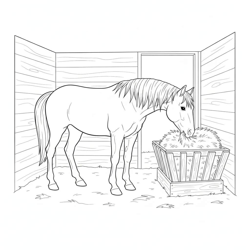 Coloriage Cheval Un Cheval Qui Mange Du Foin Dans Son Box 13