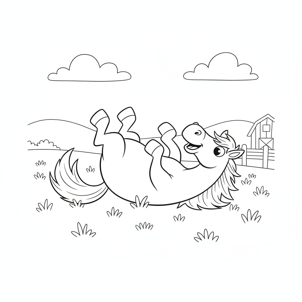 Coloriage Cheval Un Cheval Qui Se Roule Dans Lherbe Dans Un Champ 06