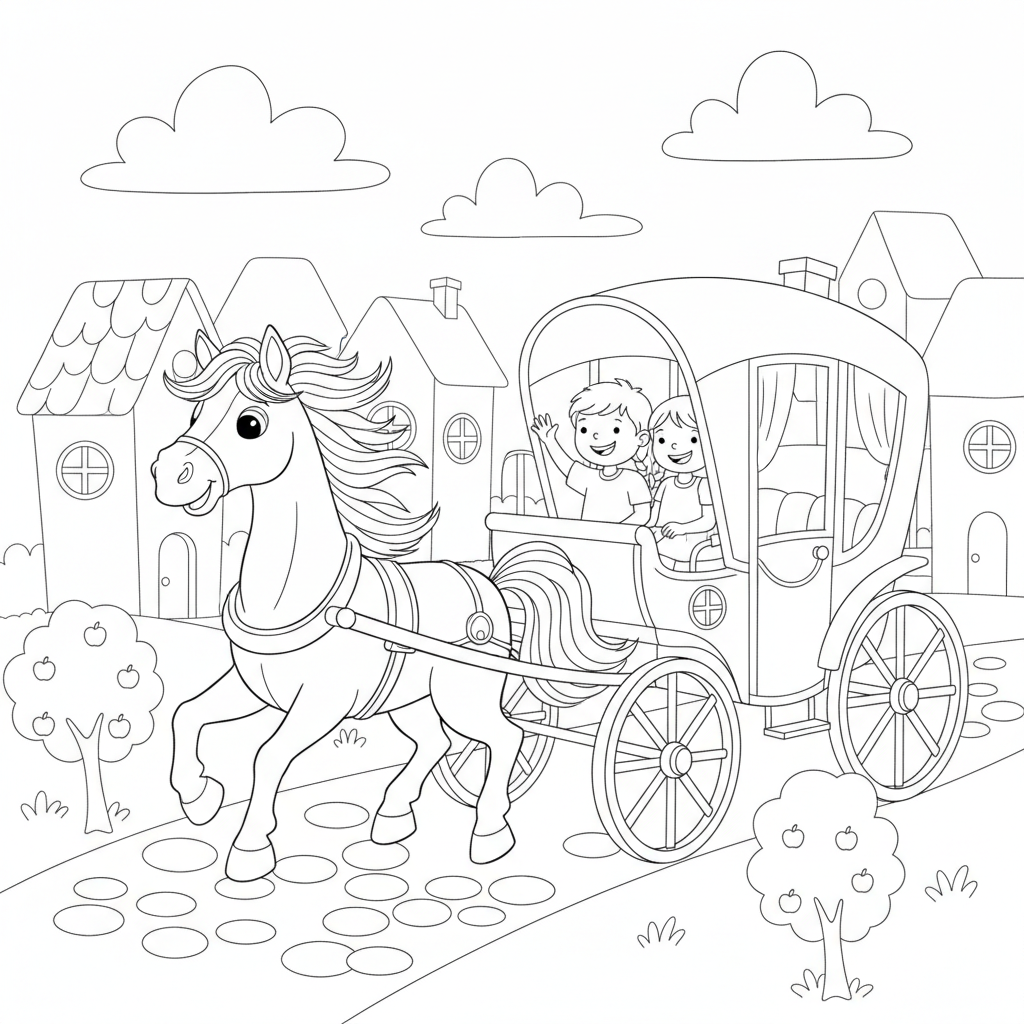 Coloriage Cheval Un Cheval Qui Tire Une Cal Che Dans Un Village 05