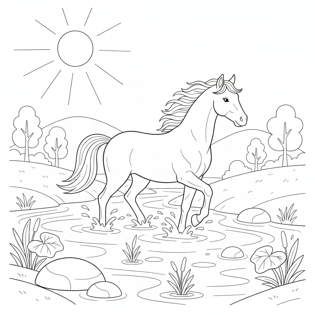 Coloriage Cheval Un Cheval Qui Traverse Une Riviere A Gue 08