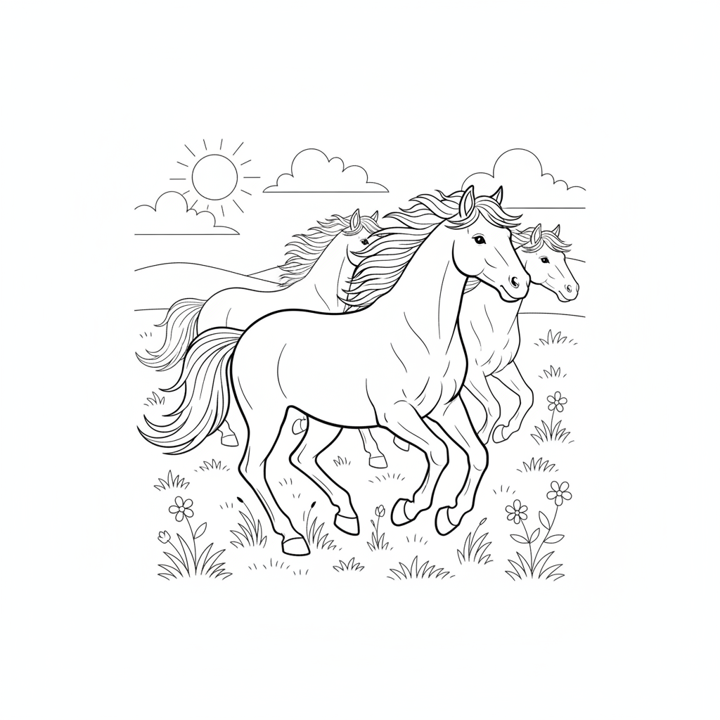 Coloriage Cheval Un Cheval Sauvage Qui Court Dans La Prairie Avec Dautres Che 03