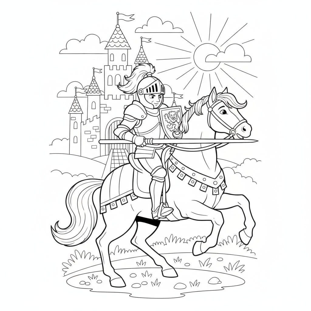 Coloriage Cheval Un Chevalier En Armure Sur Son Destrier Devant Un Chateau 07