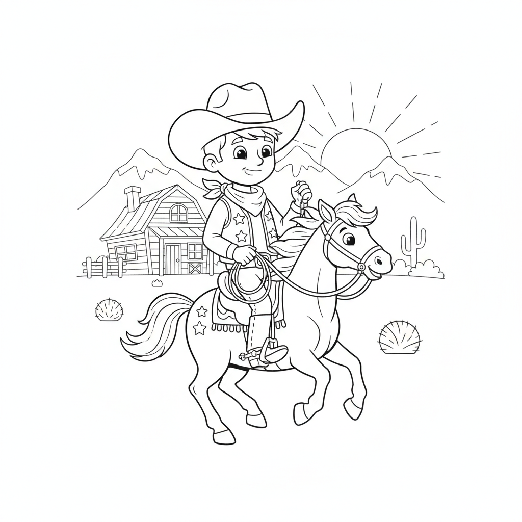 Coloriage Cheval Un Cowboy Sur Son Cheval Devant Un Ranch 04