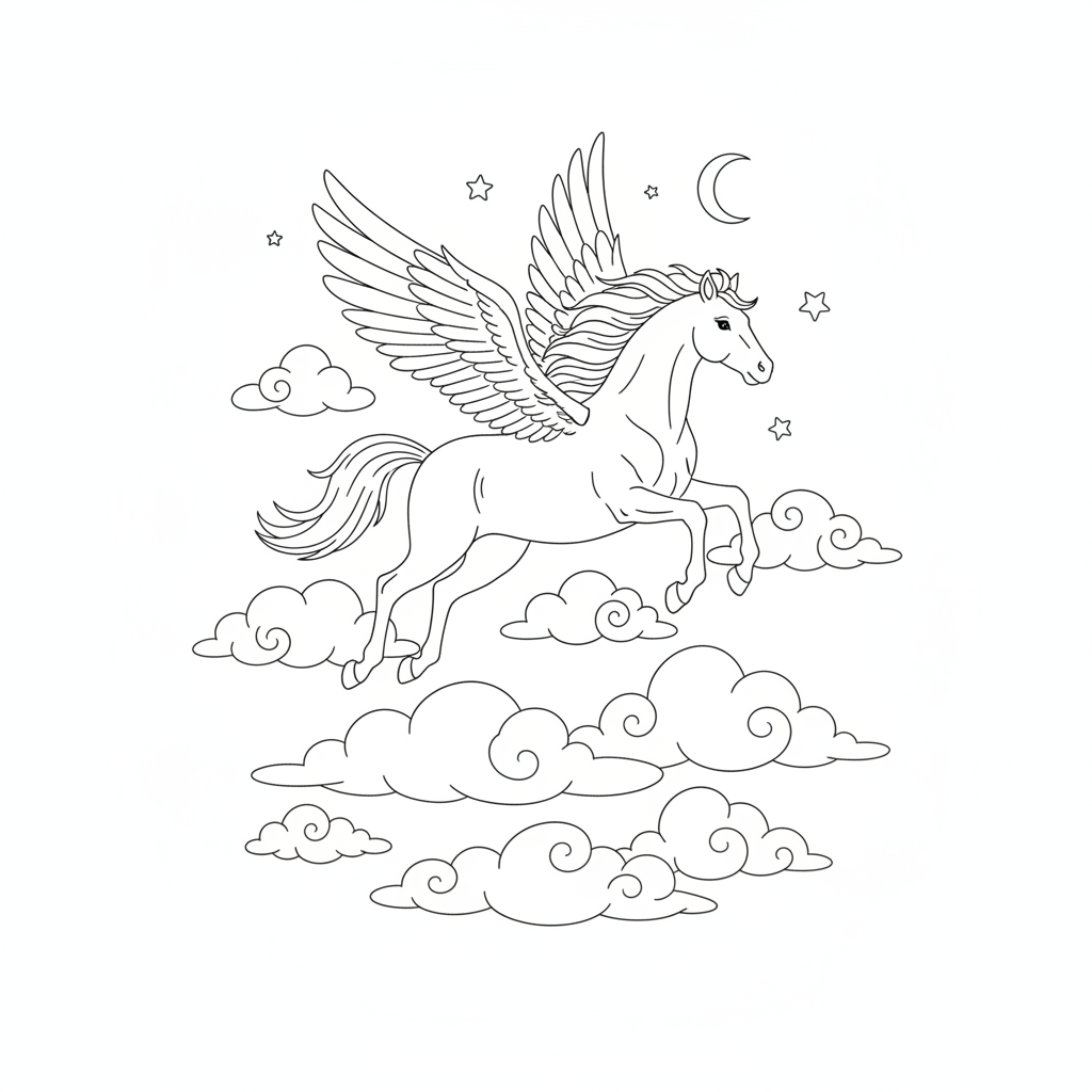 Coloriage Cheval Un Pegase Qui Vole Au Dessus Des Nuages 14