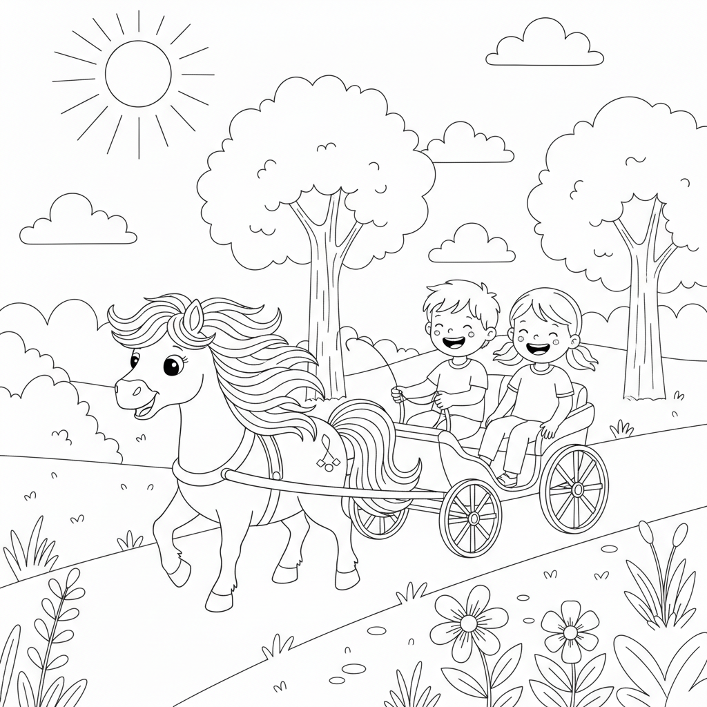 Coloriage Cheval Un Poney Qui Porte Des Enfants Dans Un Parc 16