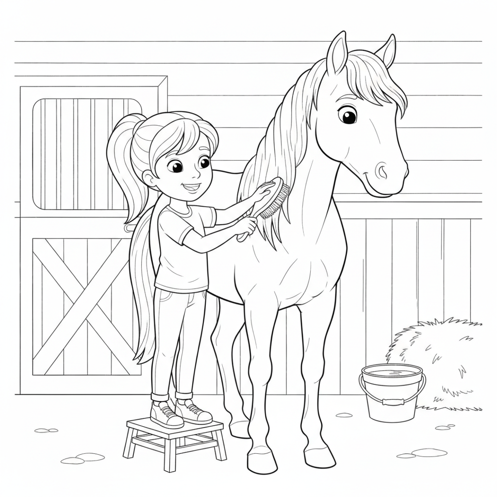 Coloriage Cheval Une Fille Qui Brosse La Criniere De Son Cheval Dans Une Ecur 10