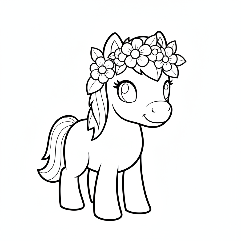 Coloriage Cheval Un Poney Avec Une Couronne De Fleurs 07