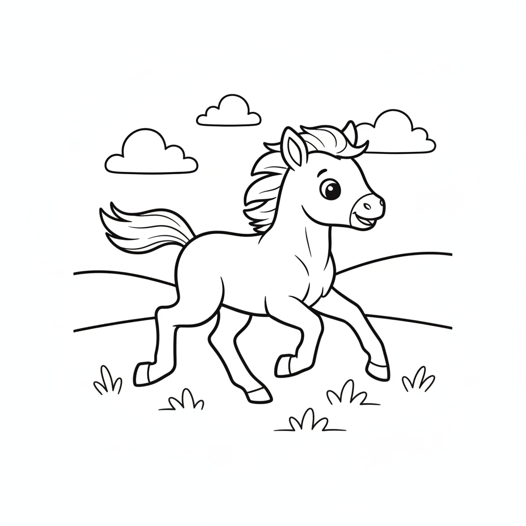 Coloriage Cheval Un Poulain Qui Court Dans Un Pre 03