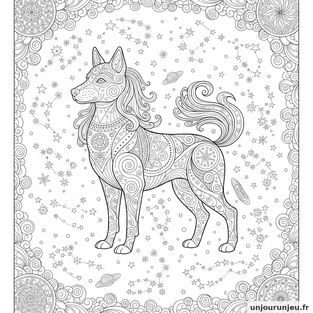 Coloriage Chien Chien Etoiles Entoure Constellations Detaillees 17