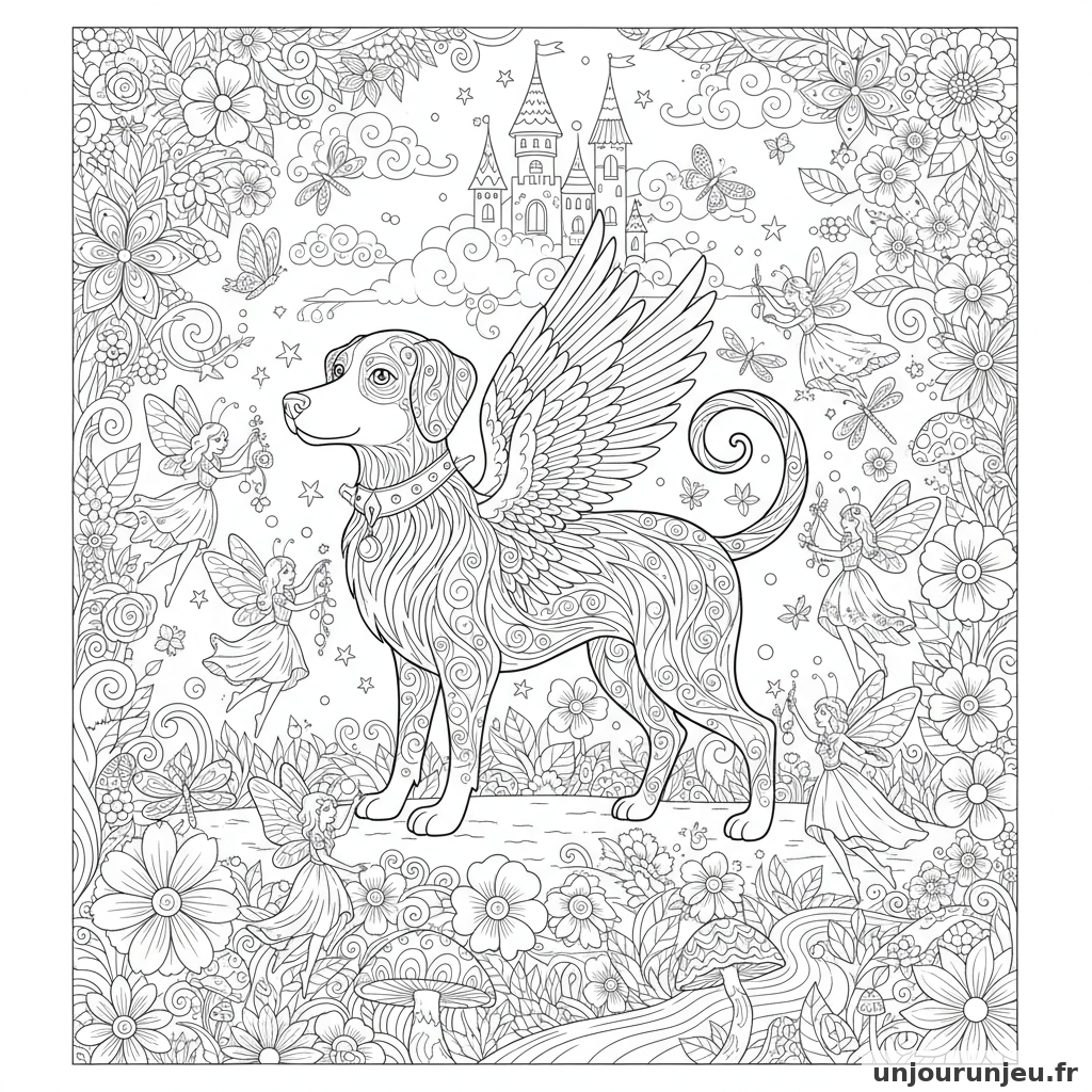 Coloriage Chien Chien Feerique Entoure Fees Fleurs Detaillees 10