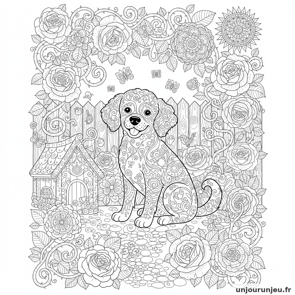Coloriage Chien Chien Jardin Roses Tres Detaille 03