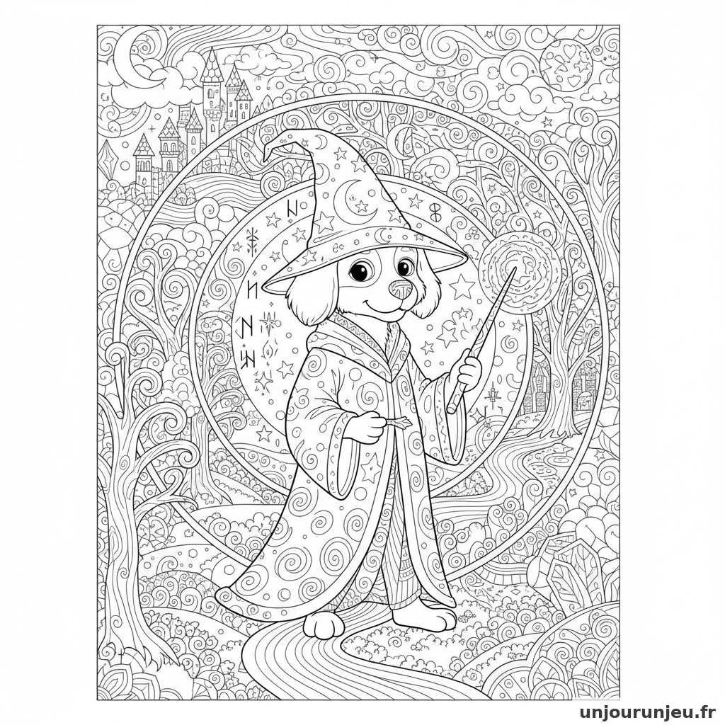 Coloriage Chien Chien Magicien Etoiles Runes Autour 05