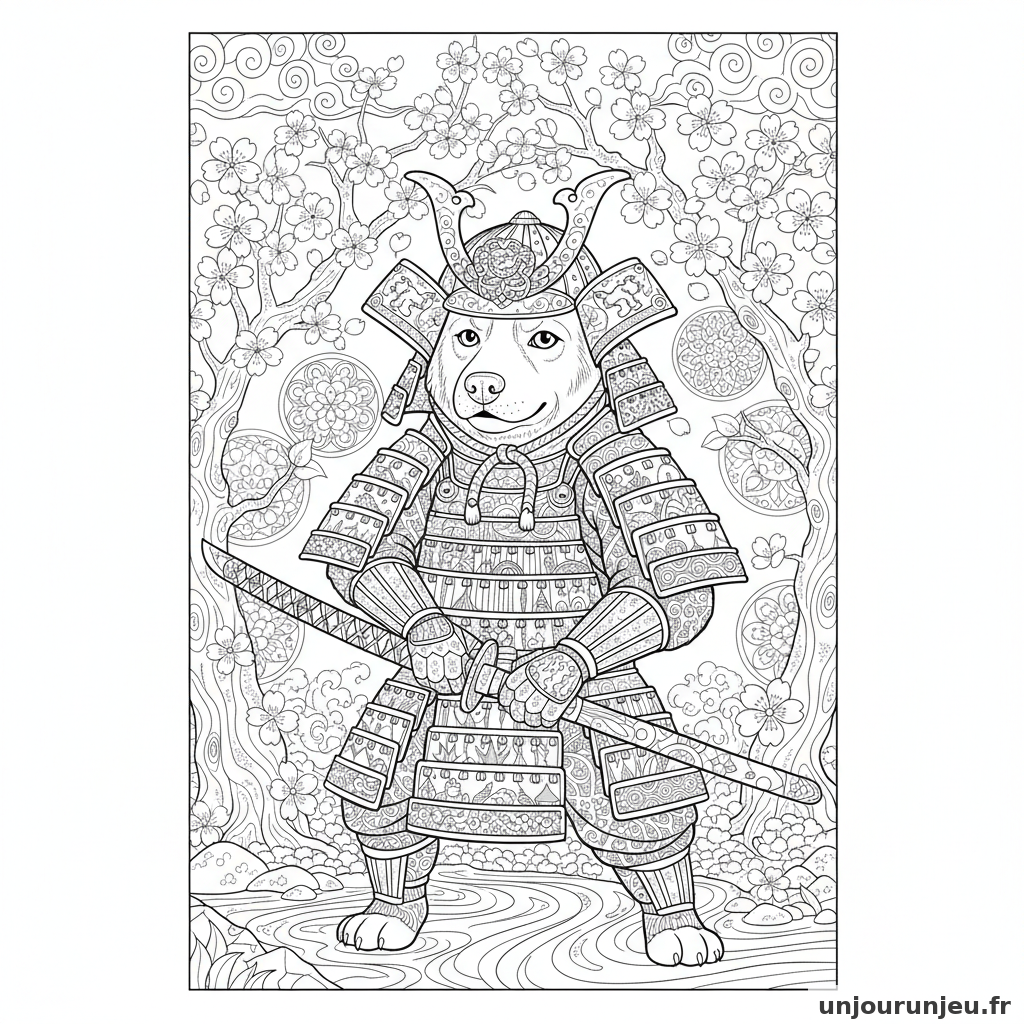 Coloriage Chien Chien Samourai Armure Ornee Fleurs Cerisier 15