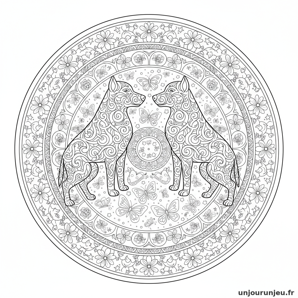 Coloriage Chien Mandala Double Chien Entrelacs Papillons 09