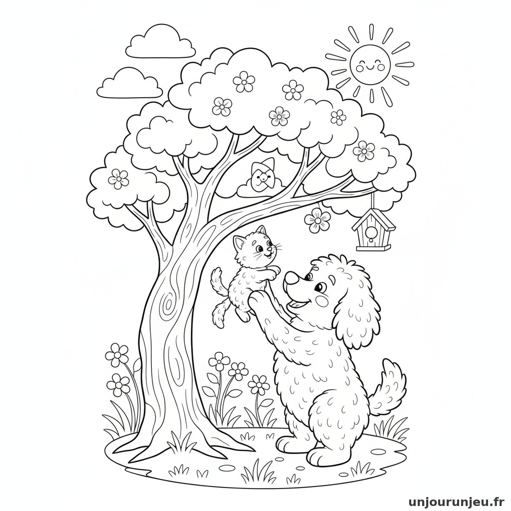 Coloriage Chien Chien Aide Chaton Grimper Arbre 17