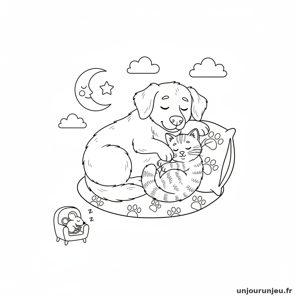 Coloriage Chien Chien Chat Dorment Ensemble 07