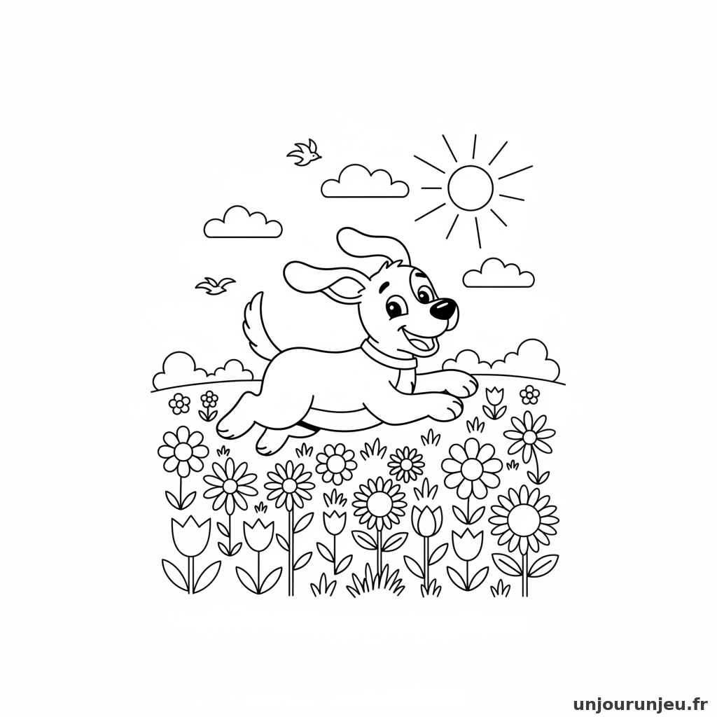 Coloriage Chien Chien Court Champ Fleurs 01