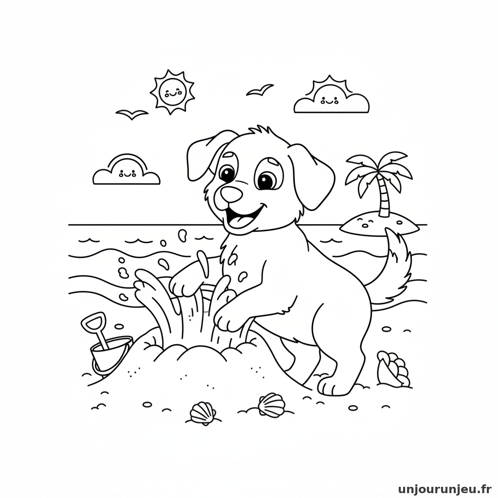 Coloriage Chien Chien Creuse Sable Plage 05