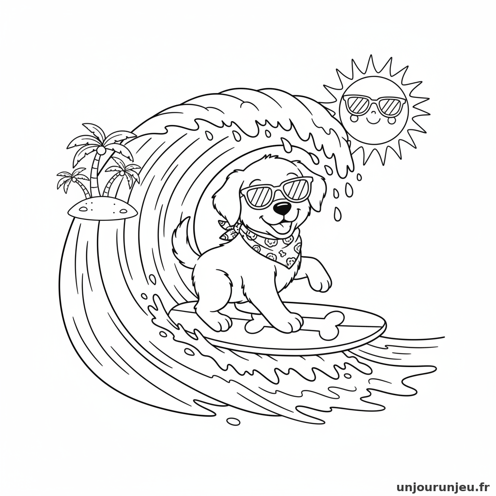 Coloriage Chien Chien Surfe Vague 03