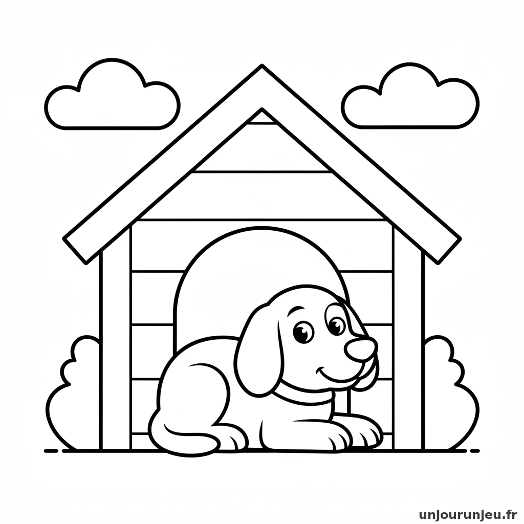 Coloriage Chien Chien Niche Bois 05
