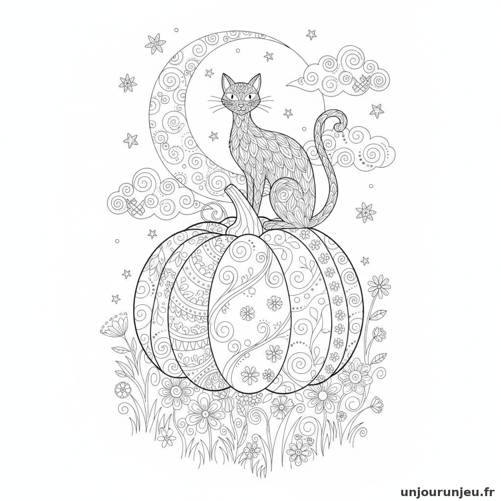 Coloriage Citrouille Citrouille Chat Noir 05