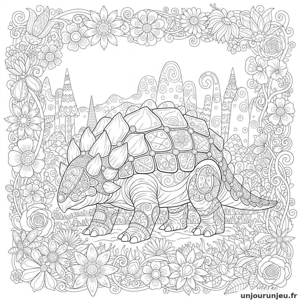 Coloriage Dinosaure Ankylosaure Armure Ornee Fleurs Autour 09