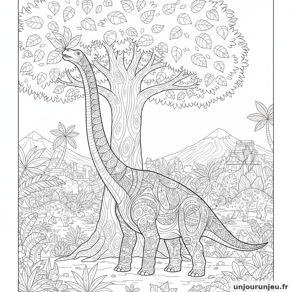 Coloriage Dinosaure Brachiosaure Mangeant Feuilles Dun Arbre Immense 08