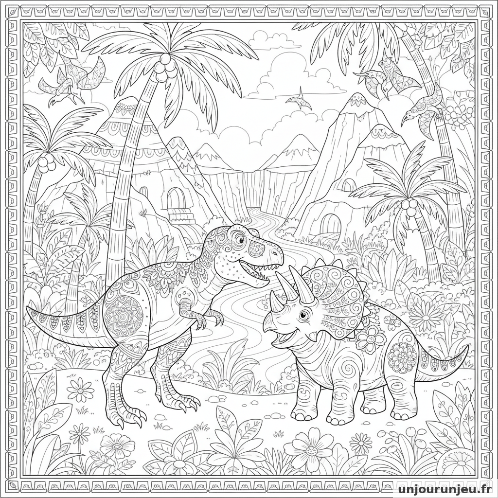 Coloriage Dinosaure Combat Amical Entre T Rex Triceratops Vallee 11