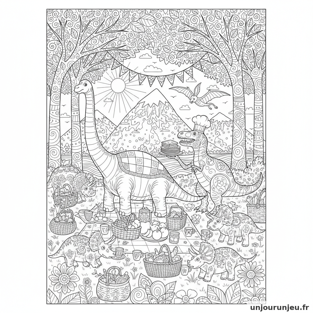 Coloriage Dinosaure Dinosaures Preparant Grand Pique Nique Arbres 14