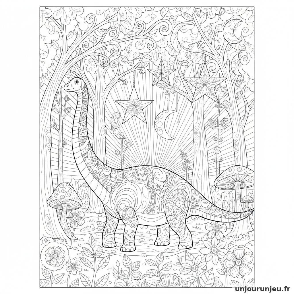Coloriage Dinosaure Diplodocus Traversant Foret Enchantee Pleine Detoi 04