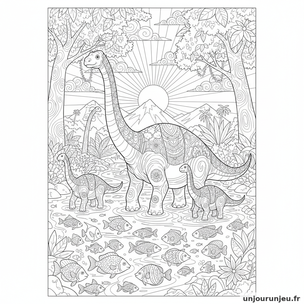 Coloriage Dinosaure Famille Brontosaures Traversant Riviere Pleine Poi 20