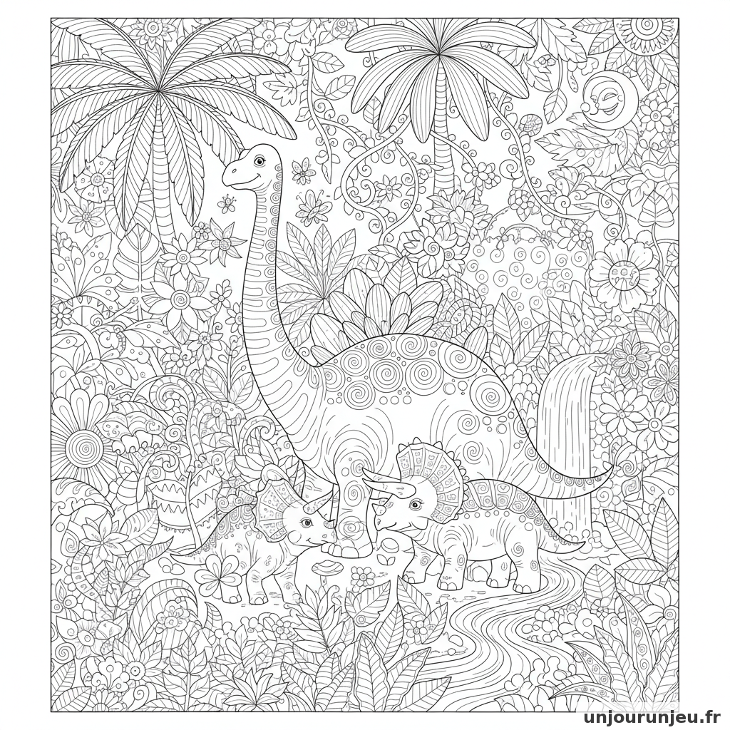 Coloriage Dinosaure Famille Dinosaures Jungle Dense Pleine Plantes 01