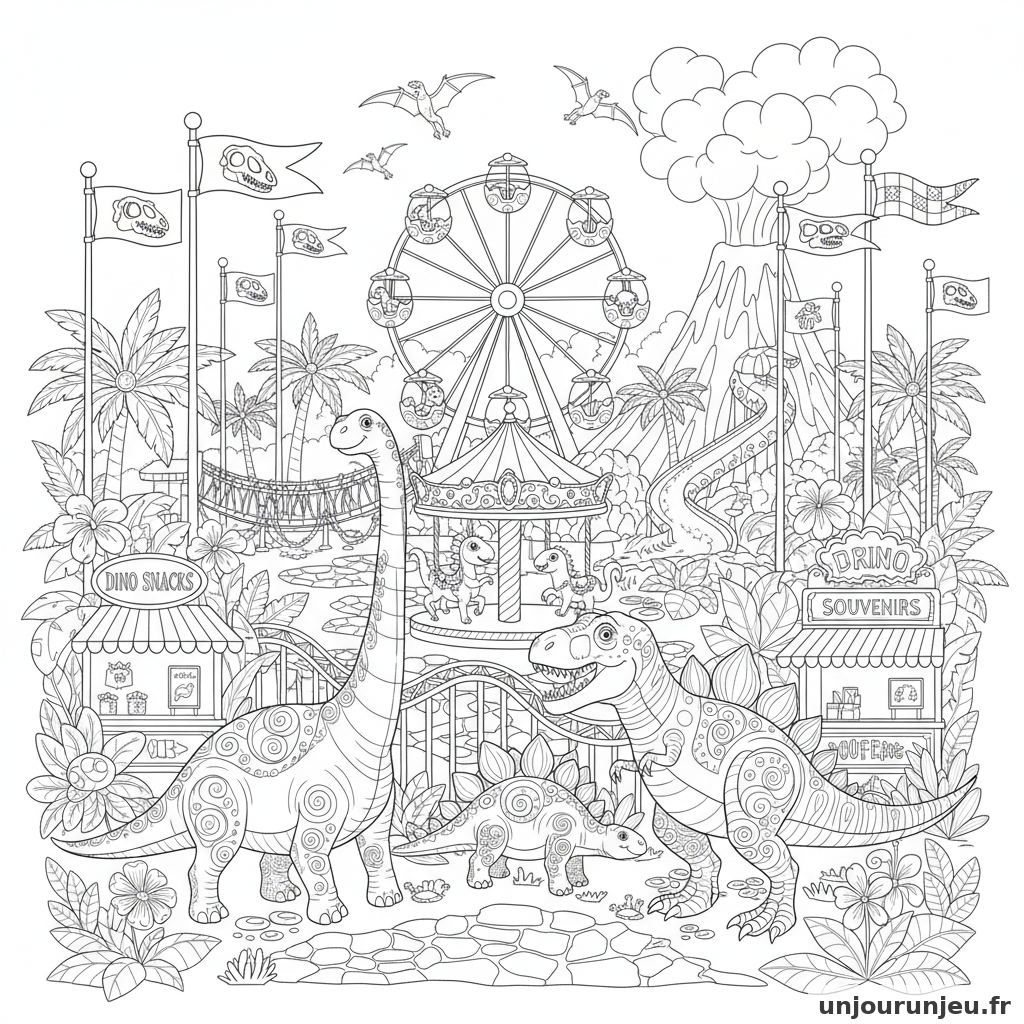 Coloriage Dinosaure Parc Dinosaures Attractions Drapeaux 13