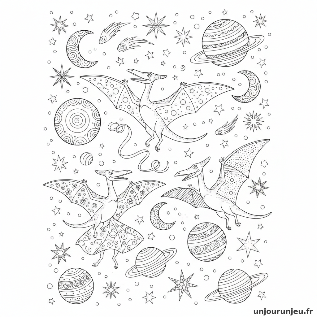 Coloriage Dinosaure Pterodactyles Dansent Ciel Detoiles Planetes 16