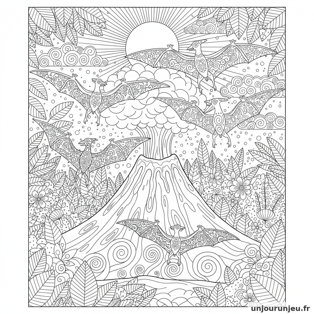 Coloriage Dinosaure Pterodactyles Volant Dessus Dun Volcan Eruption 05
