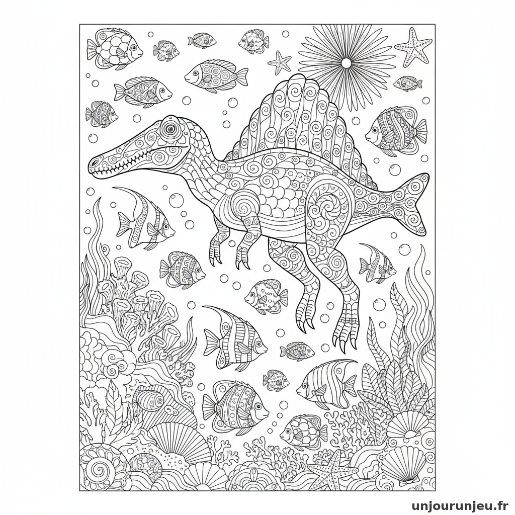 Coloriage Dinosaure Spinosaure Ocean Rempli Poissons Exotiques 10