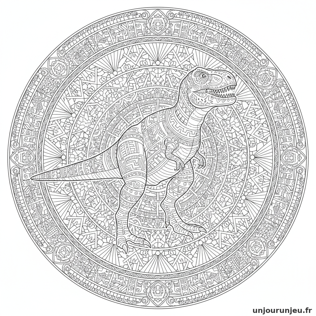 Coloriage Dinosaure T Rex Majestueux Entoure Motifs Decoratifs Azteque 02