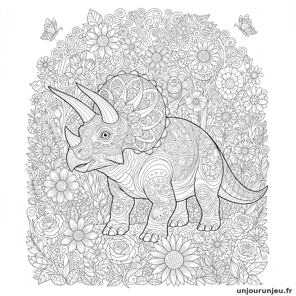 Coloriage Dinosaure Triceratops Jardin Fleurs Tres Detaillees 03