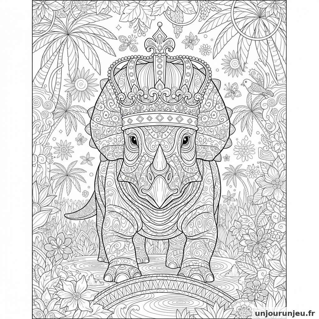 Coloriage Dinosaure Triceratops Portant Couronne Royale Tres Detaillee 18