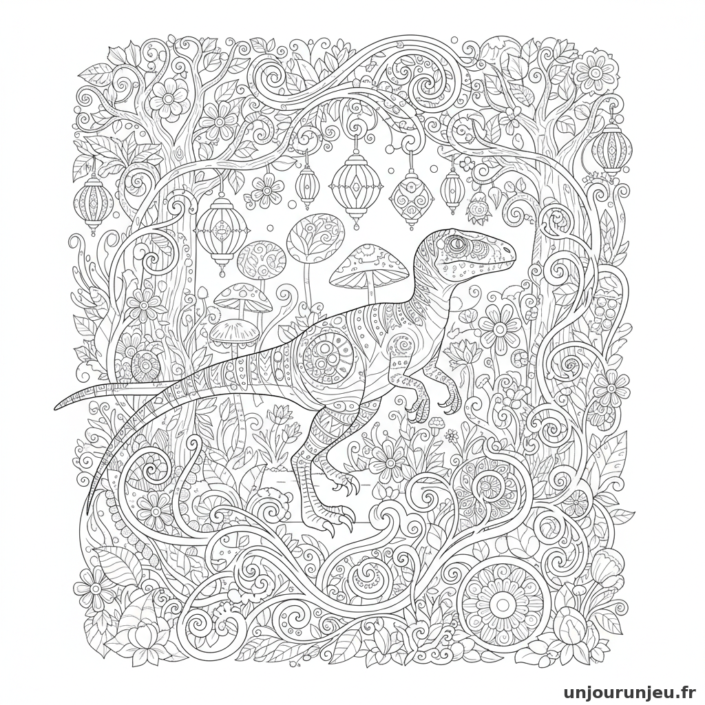 Coloriage Dinosaure Velociraptor Labyrinthe Vegetal Complexe 17