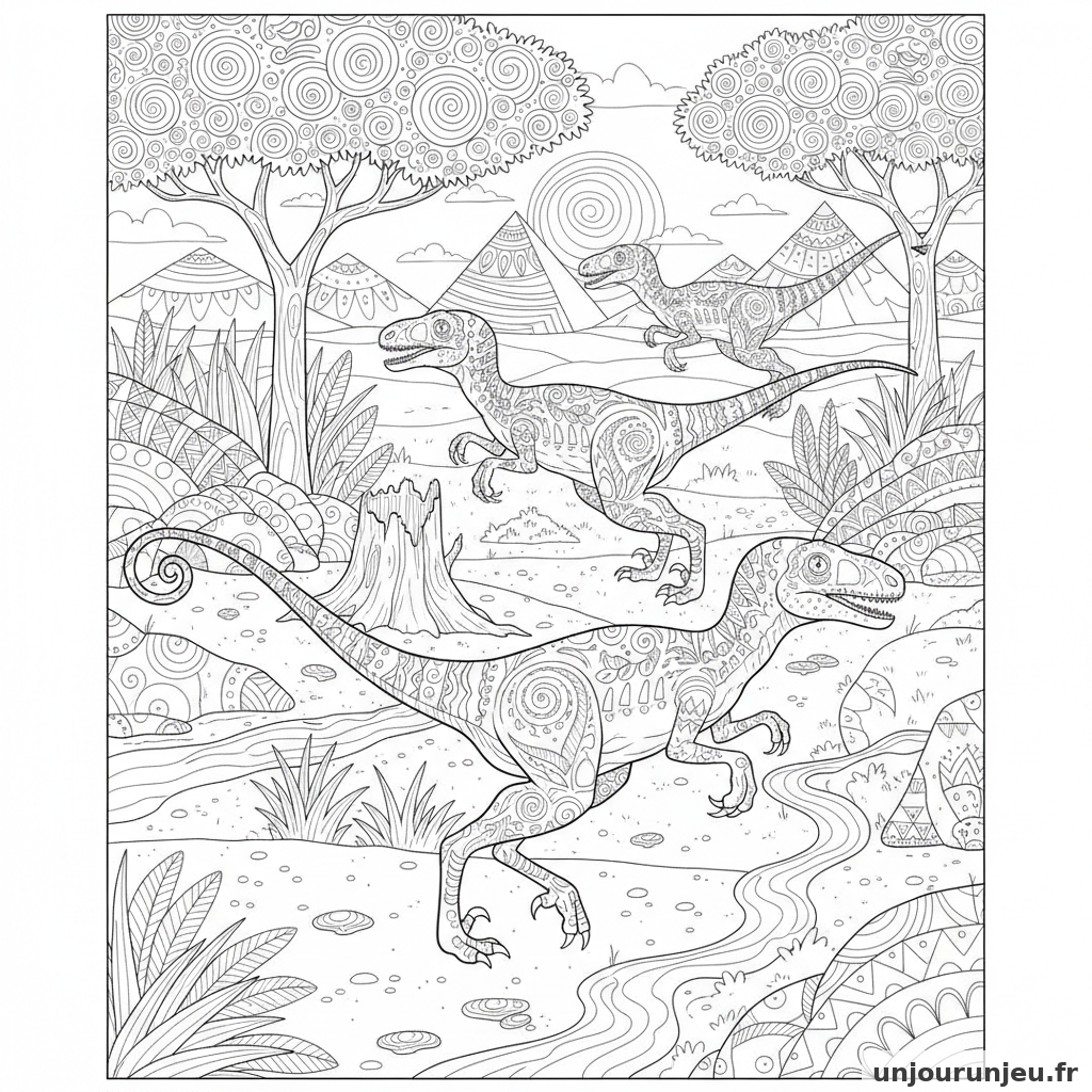 Coloriage Dinosaure Velociraptors Chassent Savane Detaillee 07