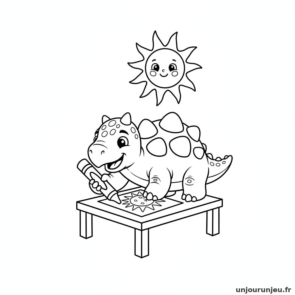 Un ankylosaure colorie un dessin sous le soleil.