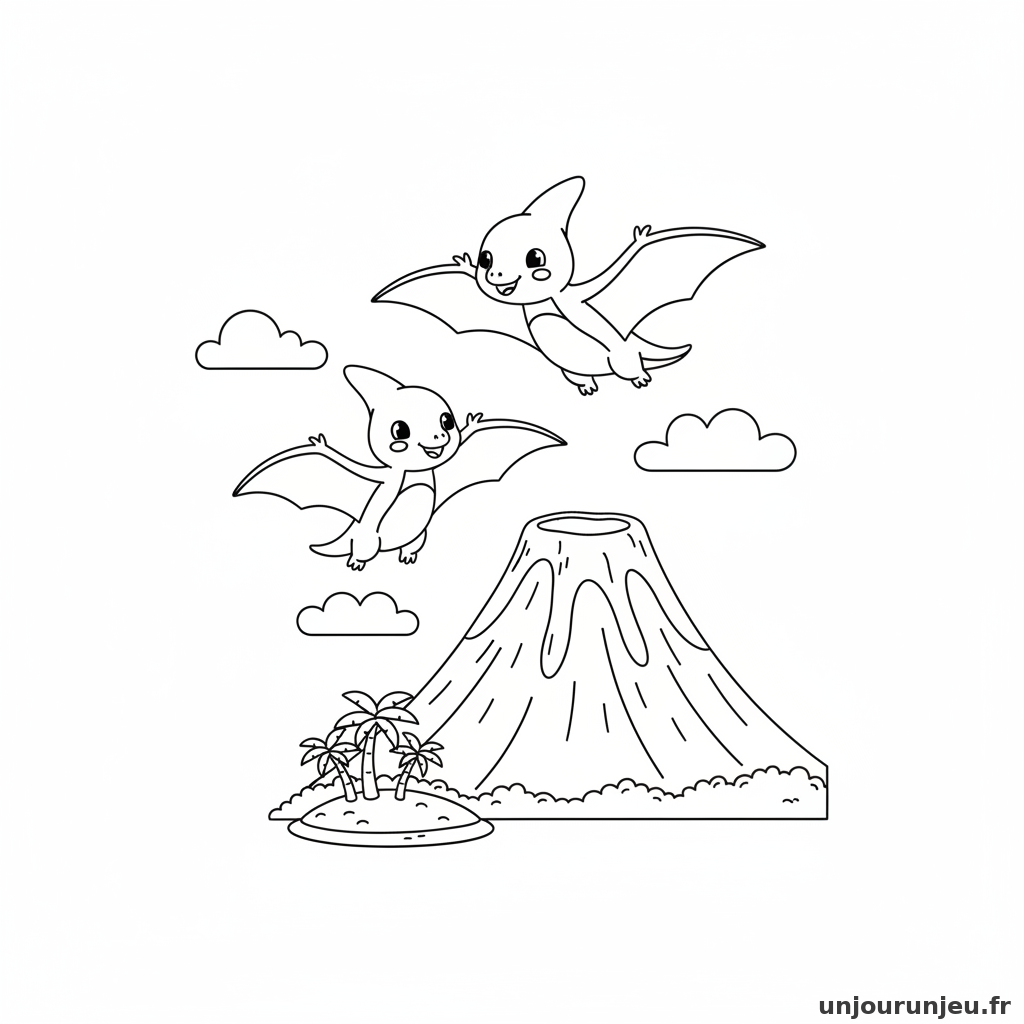 Deux ptérodactyles volent près d'un volcan endormi.