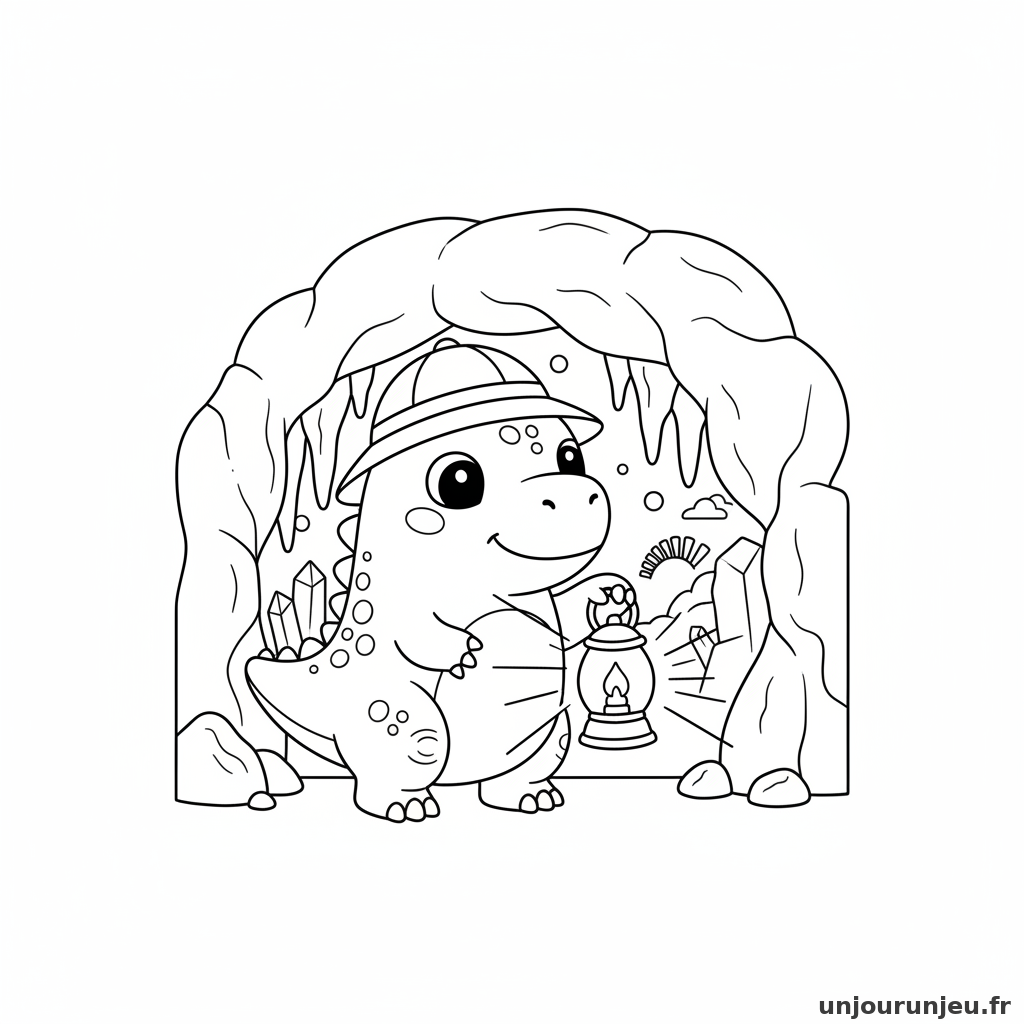 Un dinosaure explore une grotte mystérieuse avec une lampe.