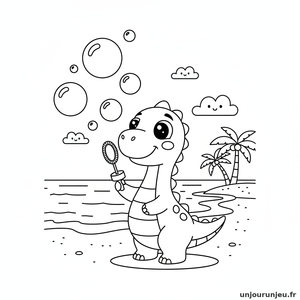 Un dinosaure fait des bulles géantes sur la plage.