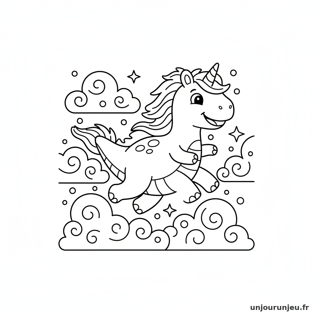 Un dinosaure licorne galope dans les nuages scintillants.