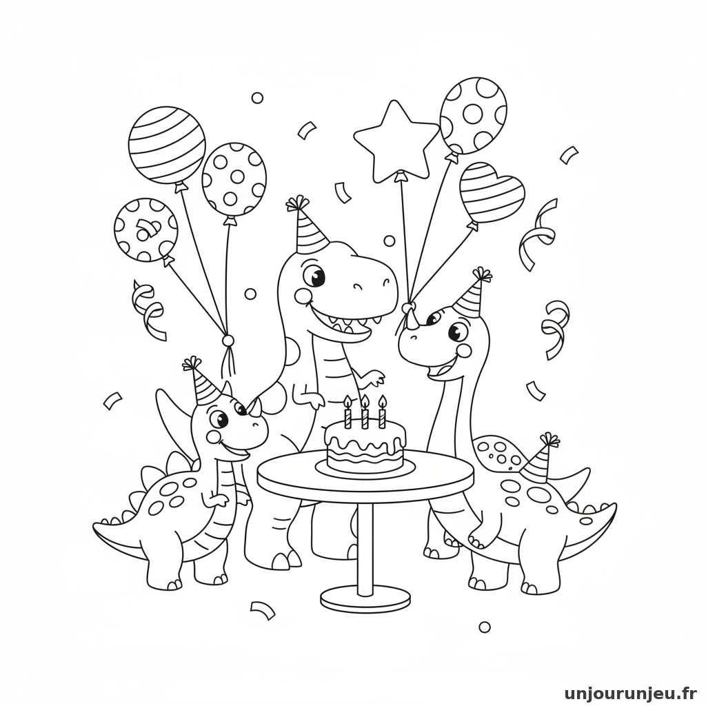 Des dinosaures fêtent un anniversaire avec des ballons.