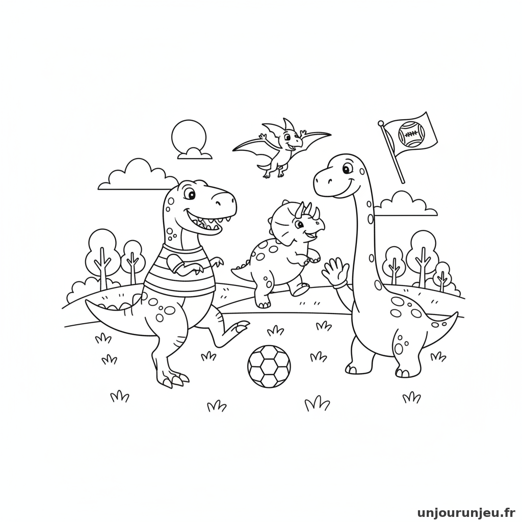 Des dinosaures jouent au football sur la prairie verte.